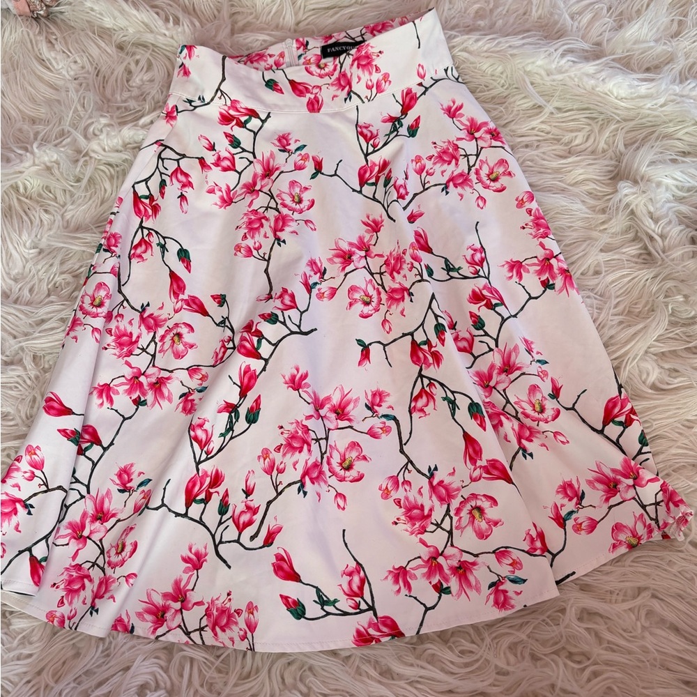 Pink Floral Cherry Blossom A-Line Midi Skirt Cottagecore Coquette Small